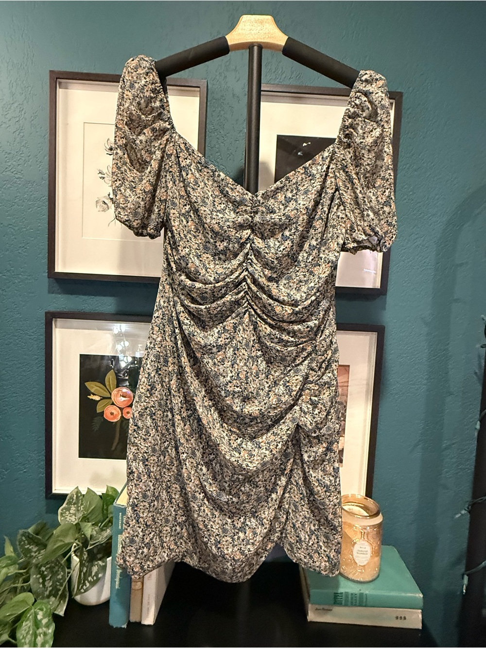 Astr Floral Ruched Mini Dress - Blue & Cream